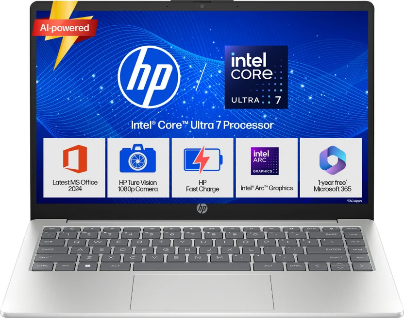 HP 14 AI PC Intel Core Ultra 7 155H Thin & Light Laptop (16GB RAM, 512GB SSD, Windows 11 Home, Natural Silver)